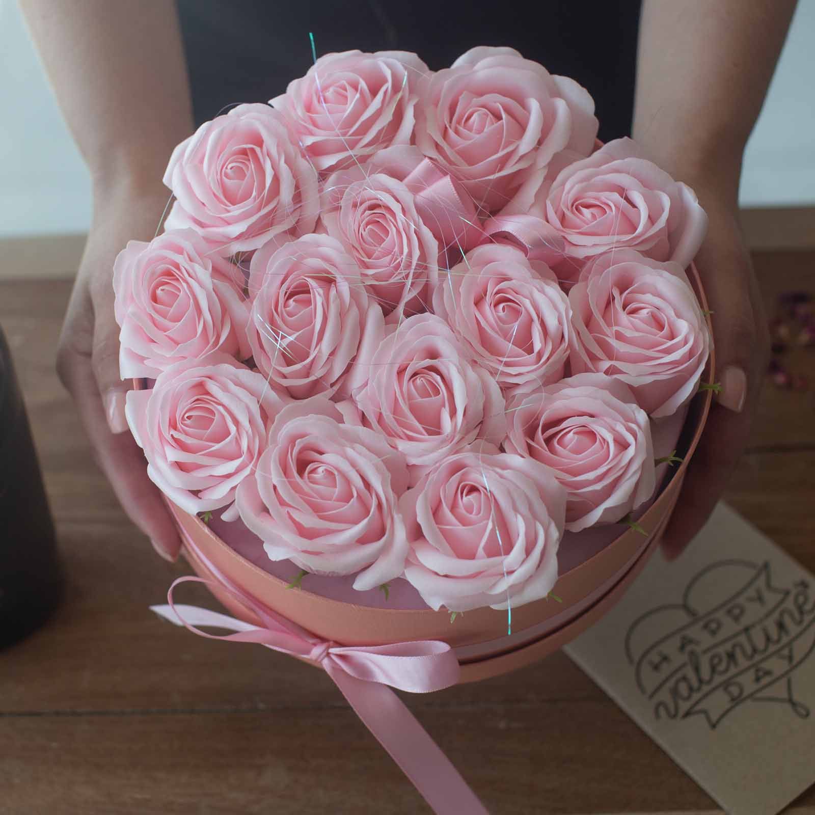 Soap Flower Gift Bouquet - 14 Pink Roses - Round - Image 10