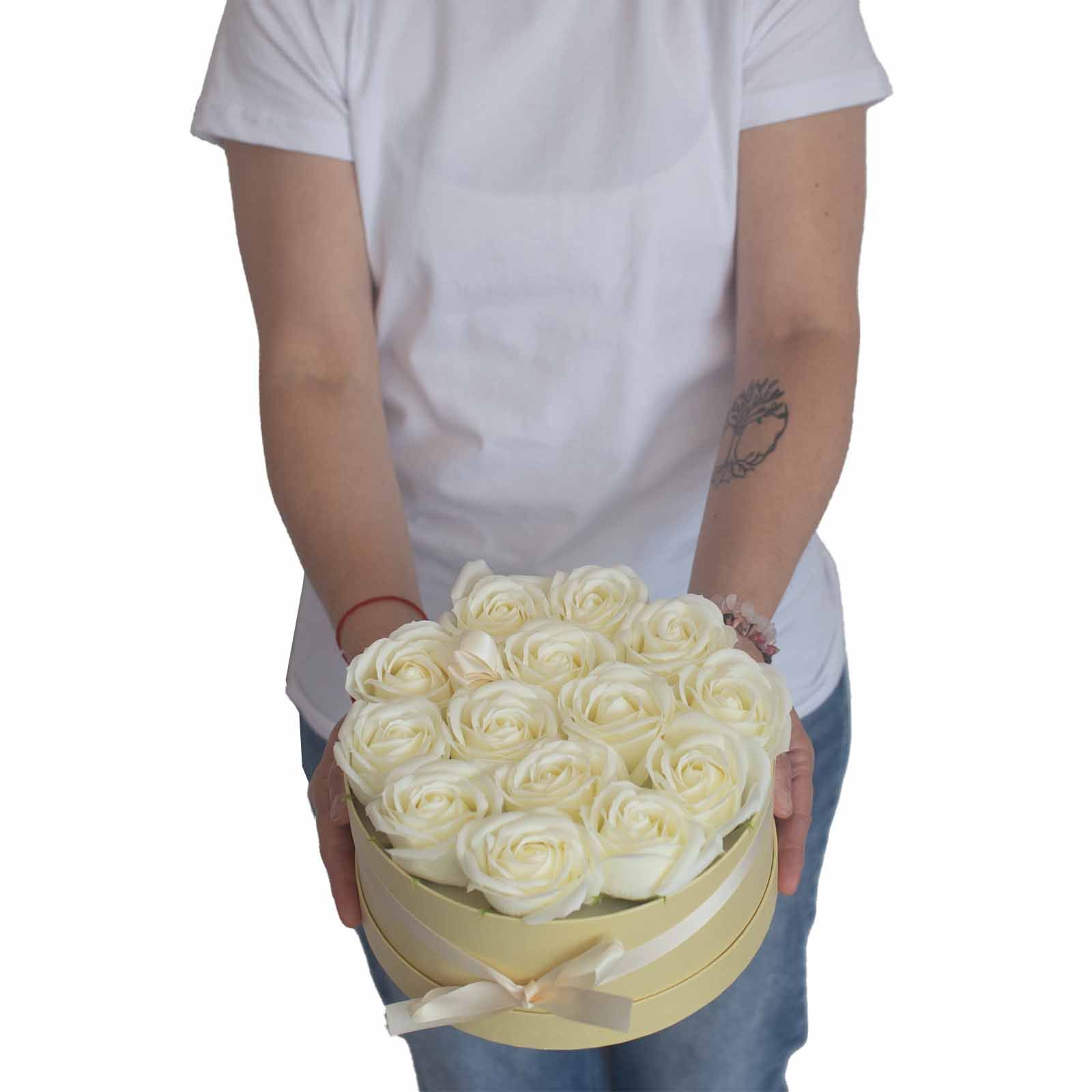 Soap Flower Gift Bouquet - 13 Cream Roses - Heart - Image 8