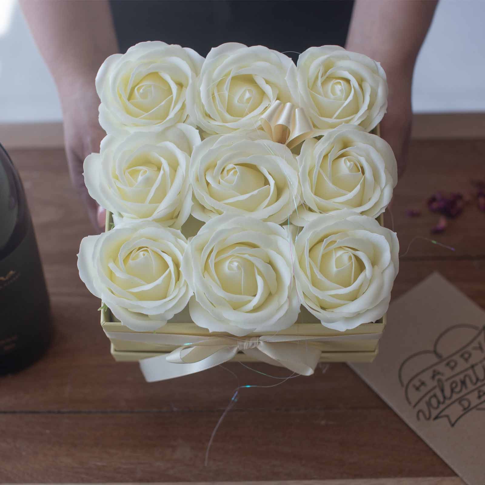 Soap Flower Gift Bouquet - 13 Cream Roses - Heart - Image 9
