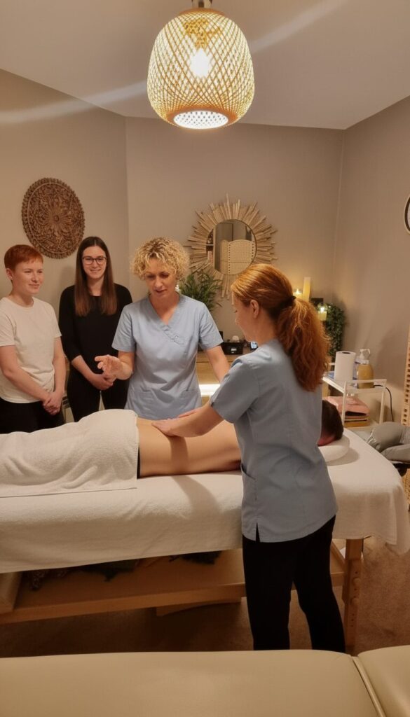 Students learning classic Swedish massage techniques during hands-on course at Emerald Spa Kraków